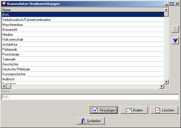 Stammdaten Studienrichtungen